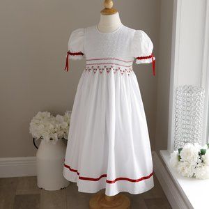 Strasburg Smocked Dress White with Red Trim Special Occassion Portrait